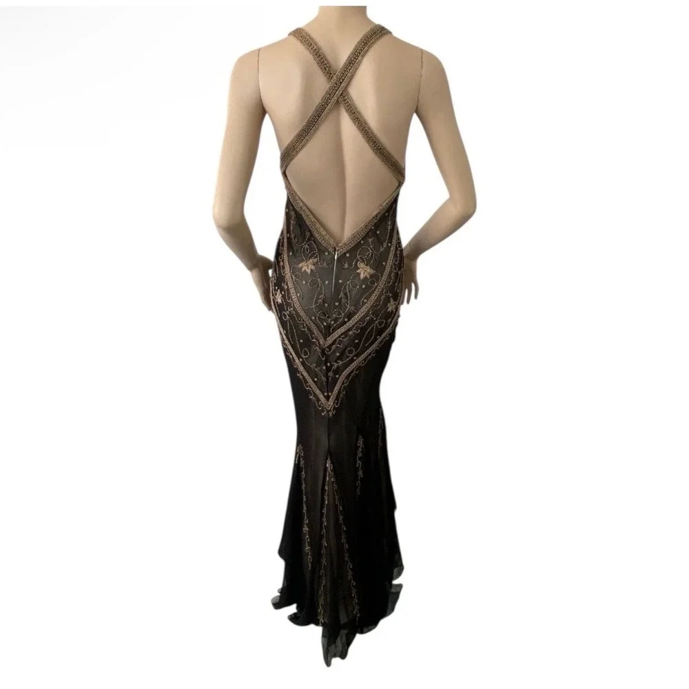Vintage Cache Silk Beaded Open Back Formal Y2K Gown Dress Black 90s Size 2 - Picture 3 of 16